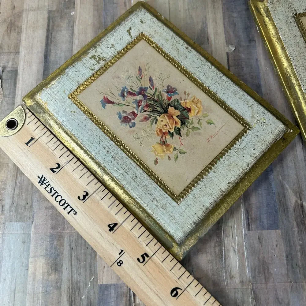 Vintage Marked Made in Italy Small Rectangles Floral Art Wall Frames Paintings